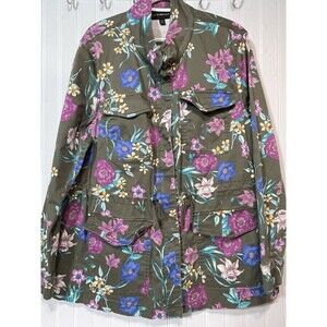 Lane Bryant Woman’s 18 20 Denim Jacket Floral Green Utility Zip Coat  G35